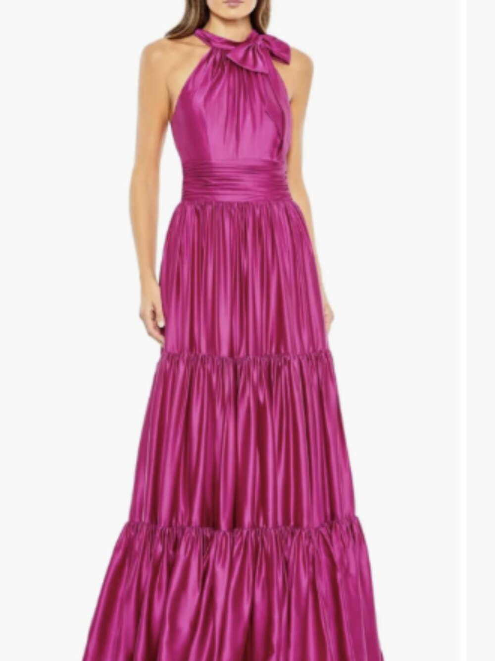 Mac Duggal Fuchsia Bow Detail Tiered Satin A-Line Gown